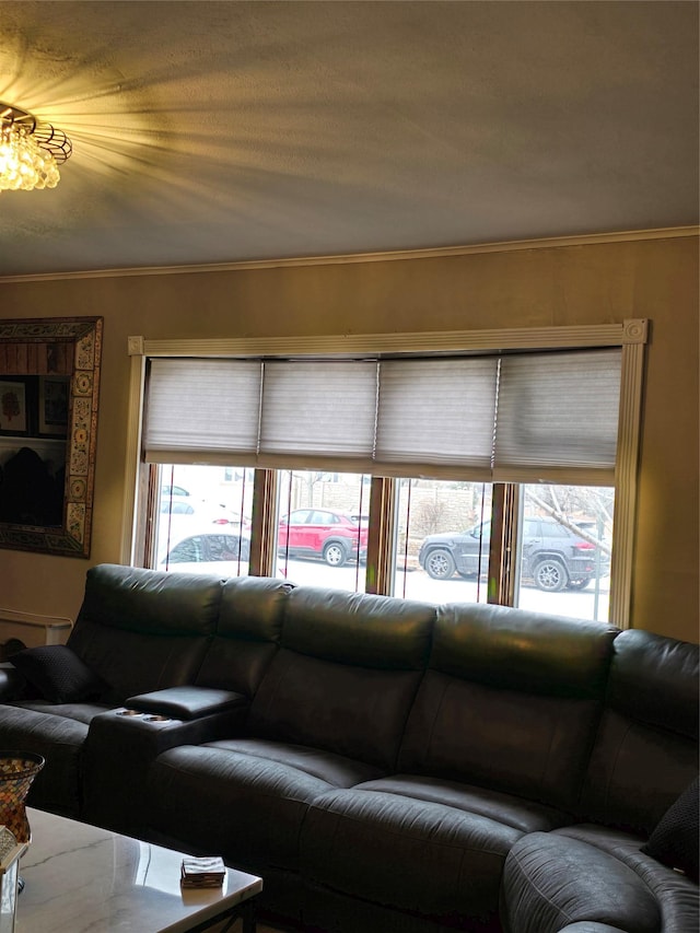 living room featuring crown molding