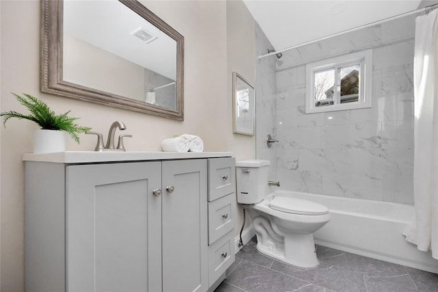 full bathroom with vanity, toilet, and shower / bath combo with shower curtain