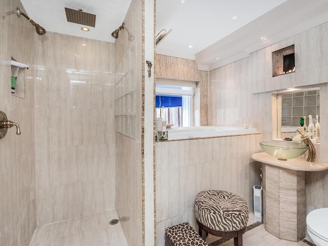 bathroom featuring sink, toilet, and tiled shower