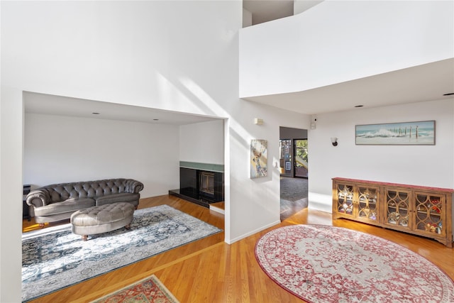 living room featuring hardwood / wood-style flooring and a high ceiling