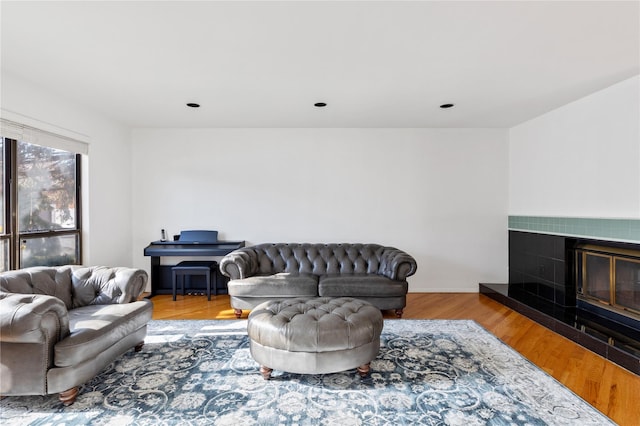 living room with a fireplace and light hardwood / wood-style flooring