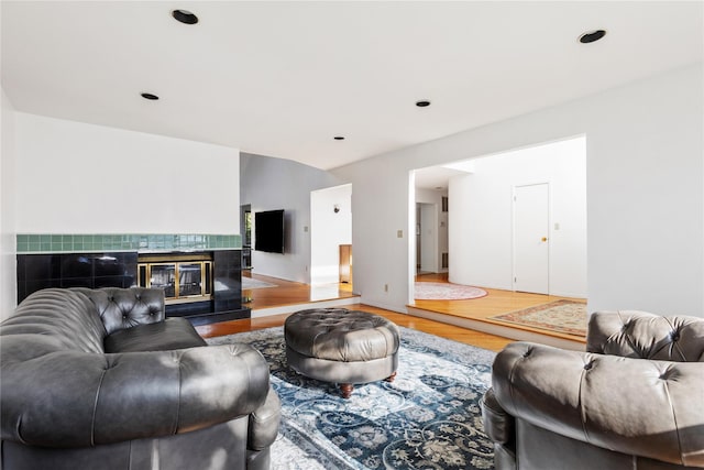 living room featuring a tile fireplace and wood-type flooring