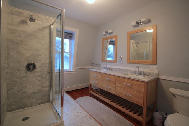 bathroom with an enclosed shower, vanity, wood-type flooring, and toilet