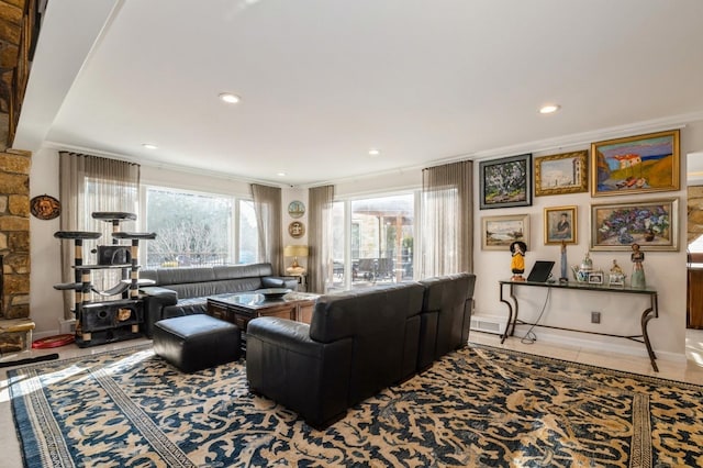 tiled living room featuring ornamental molding