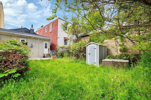 view of yard featuring a storage shed