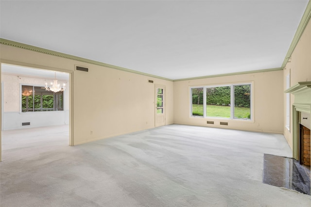 18 Kent Rd, Scarsdale, NY 10583 - unfurnished living room with a fireplace with flush hearth, a chandelier, carpet flooring, and ornamental molding