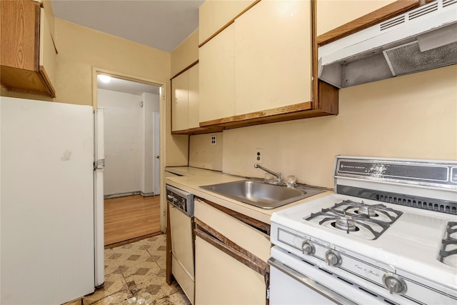 kitchen with white cabinetry, sink, and white appliances