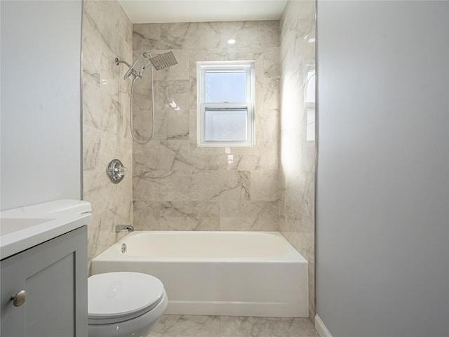 bathroom featuring toilet, vanity, baseboards, marble finish floor, and shower / bathing tub combination