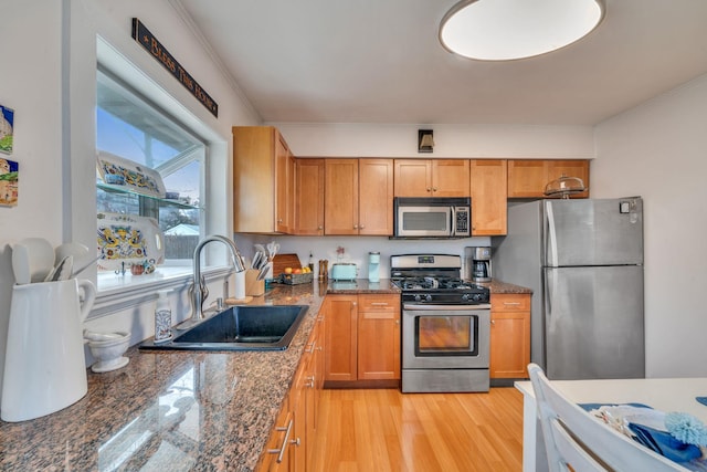 kitchen with light wood-style flooring, ornamental molding, stainless steel appliances, and a sink