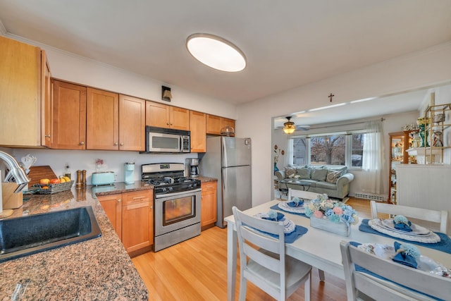 kitchen with a sink, a ceiling fan, open floor plan, appliances with stainless steel finishes, and light wood-type flooring