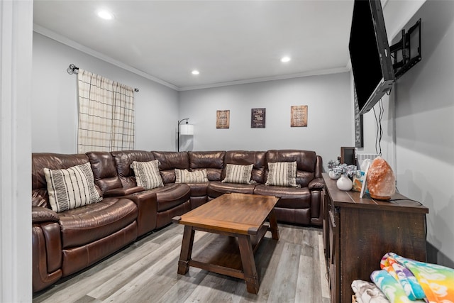 living room with crown molding and light hardwood / wood-style flooring