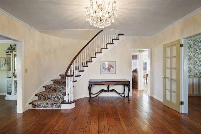 staircase featuring wood-type flooring and ornamental molding