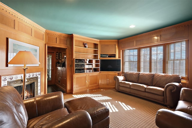 living room with a fireplace