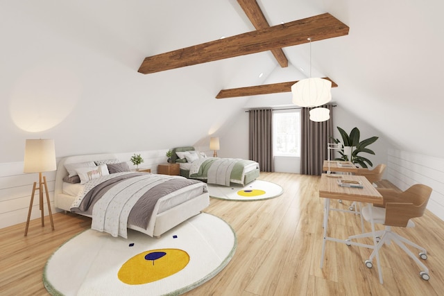 bedroom with wood-type flooring and vaulted ceiling with beams