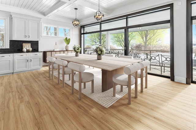 dining room featuring beam ceiling, wood ceiling, an inviting chandelier, and light hardwood / wood-style floors