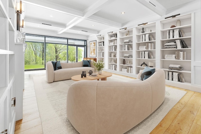 living room featuring hardwood / wood-style flooring, coffered ceiling, beam ceiling, and built in shelves