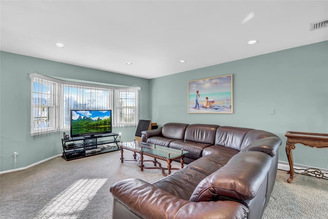 living room with light colored carpet