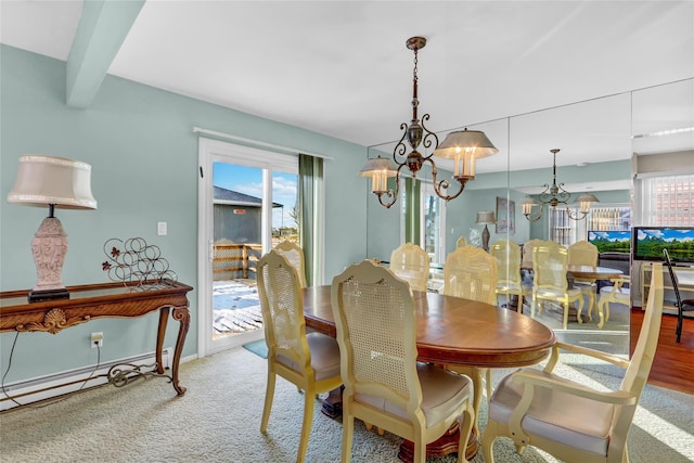 dining room featuring carpet flooring, a chandelier, beam ceiling, and baseboard heating