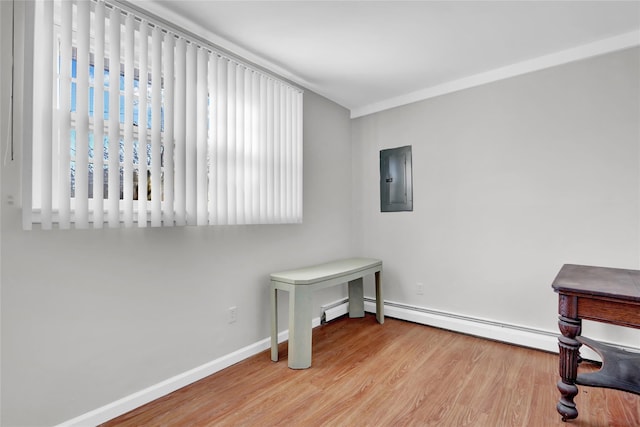 interior space with light wood-type flooring, plenty of natural light, electric panel, and baseboard heating