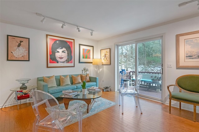 living room with wood-type flooring and ornamental molding