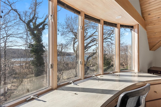 unfurnished office with vaulted ceiling and wooden ceiling