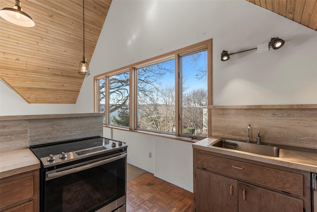 kitchen with sink, decorative light fixtures, wooden ceiling, dark parquet floors, and electric stove