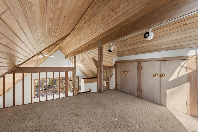 bonus room featuring light carpet, wood ceiling, and vaulted ceiling