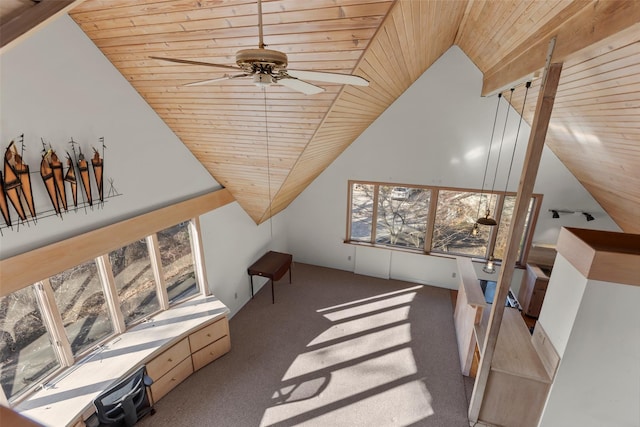 additional living space with vaulted ceiling, wooden ceiling, ceiling fan, and carpet flooring