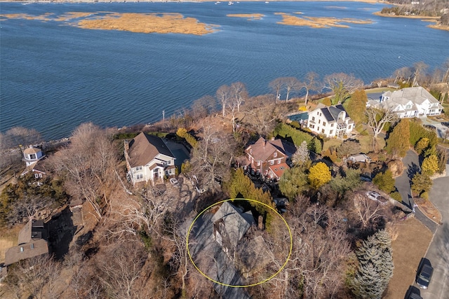 drone / aerial view with a water view