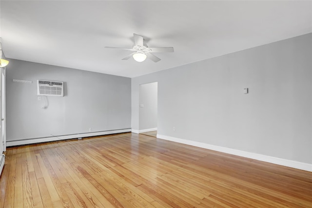 unfurnished room with a wall mounted air conditioner, light hardwood / wood-style floors, ceiling fan, and baseboard heating