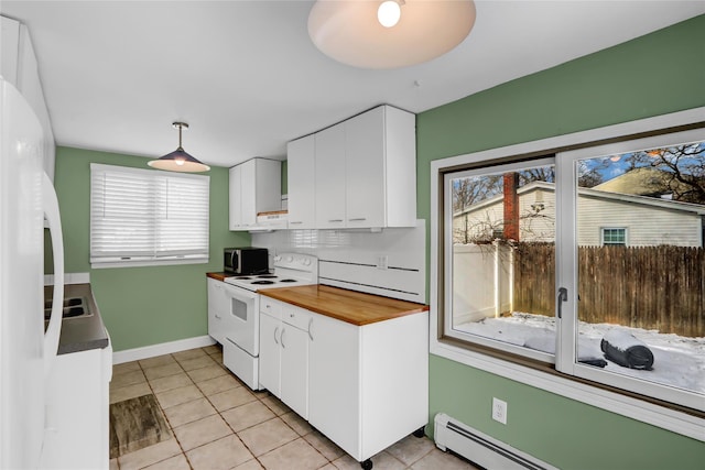 kitchen featuring white cabinetry, hanging light fixtures, white appliances, and a baseboard heating unit