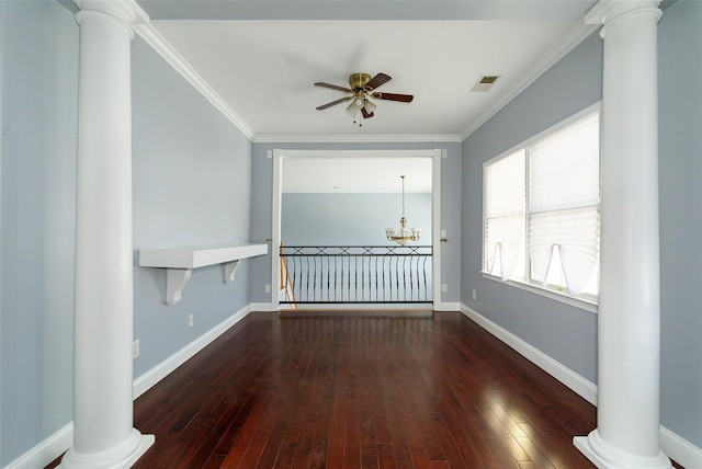 unfurnished room featuring ceiling fan with notable chandelier, ornamental molding, dark hardwood / wood-style floors, and decorative columns