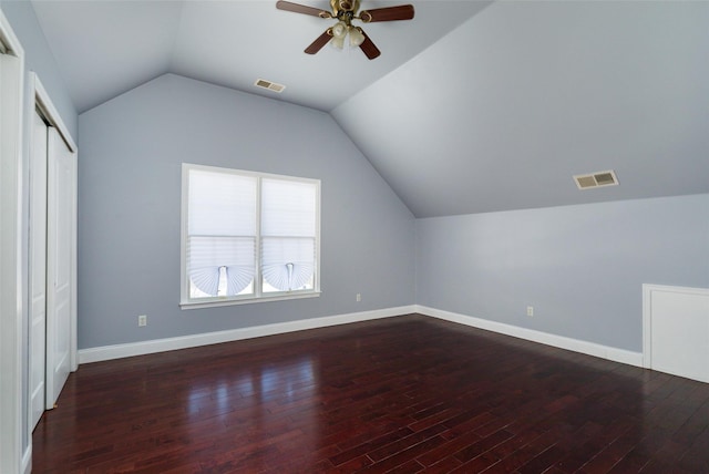 bonus room featuring hardwood / wood-style flooring, ceiling fan, and lofted ceiling