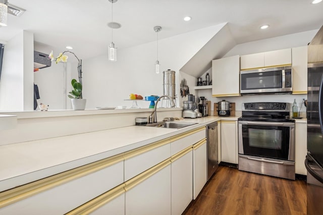 kitchen with vaulted ceiling, appliances with stainless steel finishes, dark hardwood / wood-style floors, pendant lighting, and sink