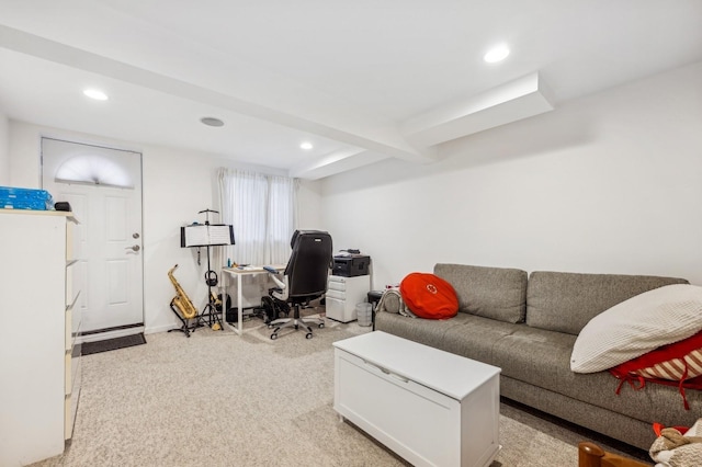 home office featuring beamed ceiling and light carpet