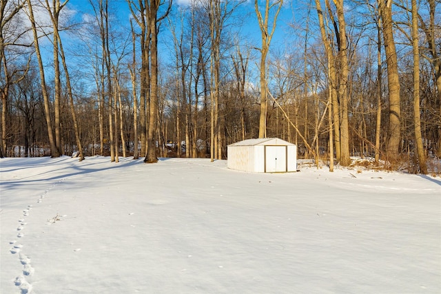 yard layered in snow with a storage shed