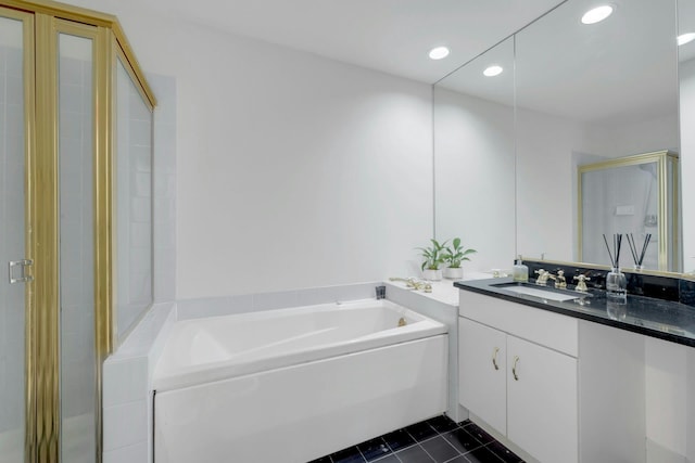 bathroom featuring vanity, separate shower and tub, and tile patterned flooring