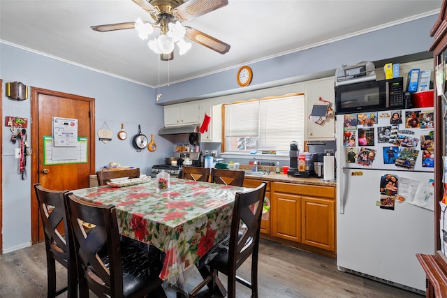 dining space featuring ceiling fan, ornamental molding, sink, and light hardwood / wood-style floors