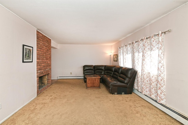 living room featuring a brick fireplace, light carpet, and baseboard heating