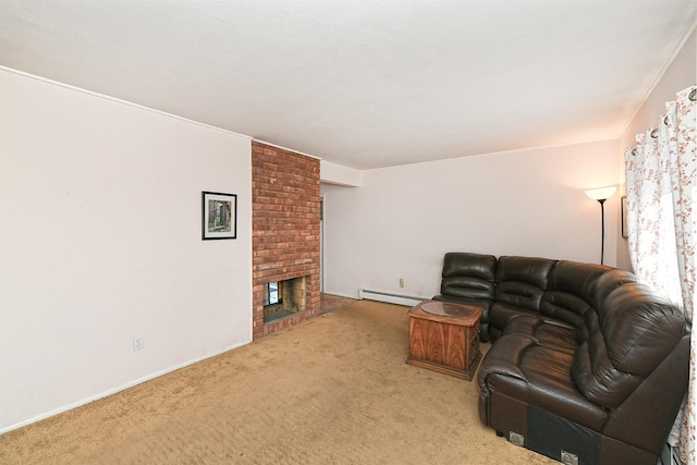 living room featuring light carpet, a fireplace, and baseboard heating