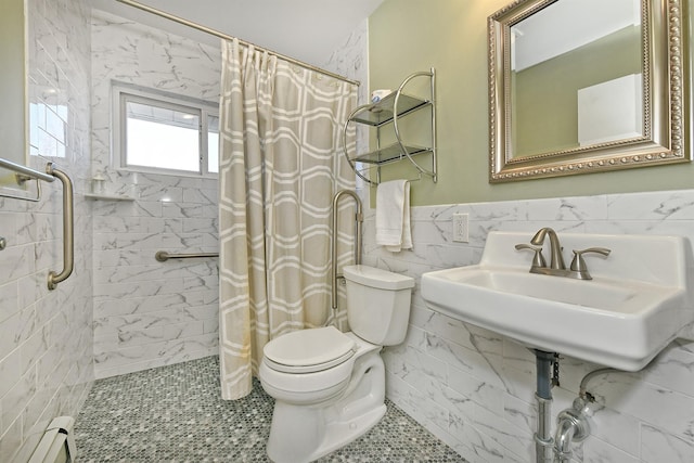 bathroom featuring sink, tile walls, a baseboard heating unit, toilet, and walk in shower