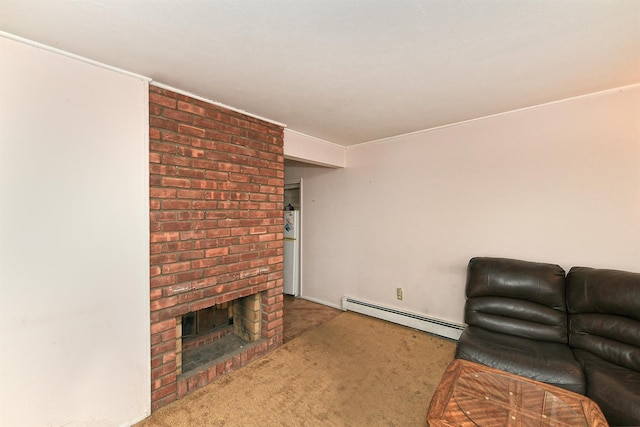 unfurnished living room with carpet floors, a baseboard heating unit, and a fireplace