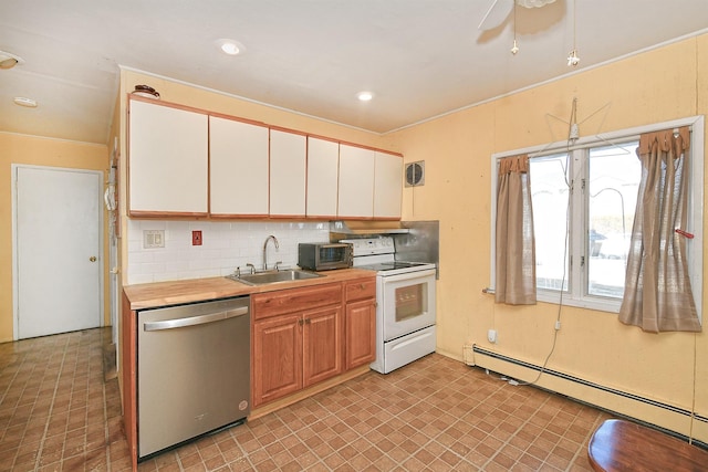 kitchen featuring white electric range, sink, baseboard heating, stainless steel dishwasher, and backsplash