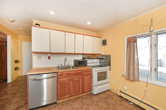 kitchen with sink, tasteful backsplash, stainless steel dishwasher, white electric stove, and a baseboard heating unit