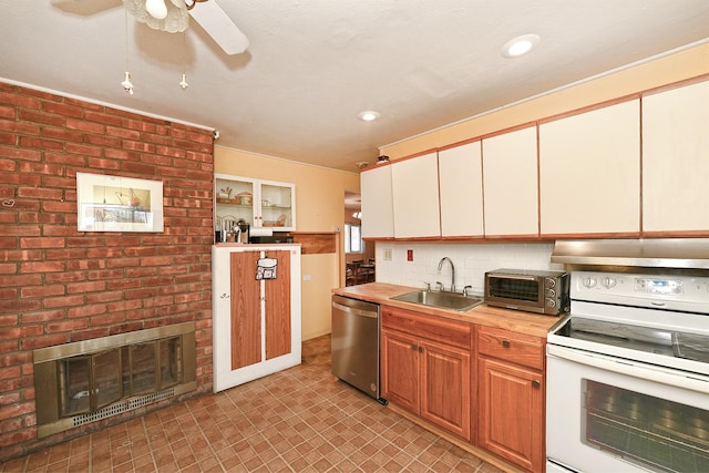 kitchen featuring white electric range, sink, butcher block countertops, dishwasher, and ceiling fan