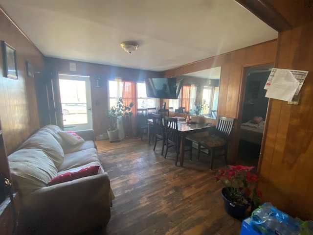 living room featuring dark hardwood / wood-style flooring and wood walls