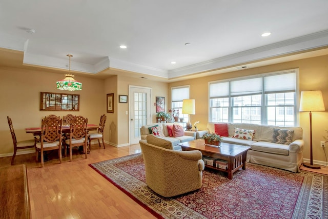 living room featuring crown molding, a tray ceiling, and wood-type flooring