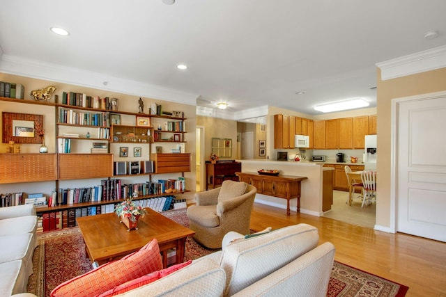 living room with crown molding and light hardwood / wood-style flooring