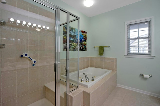 bathroom with tile patterned flooring and plus walk in shower