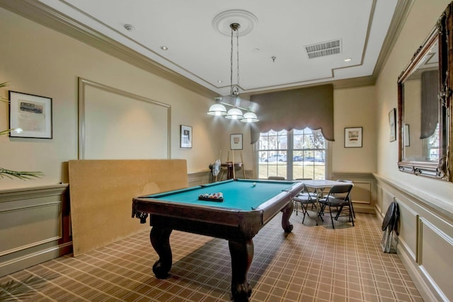 game room with crown molding and billiards